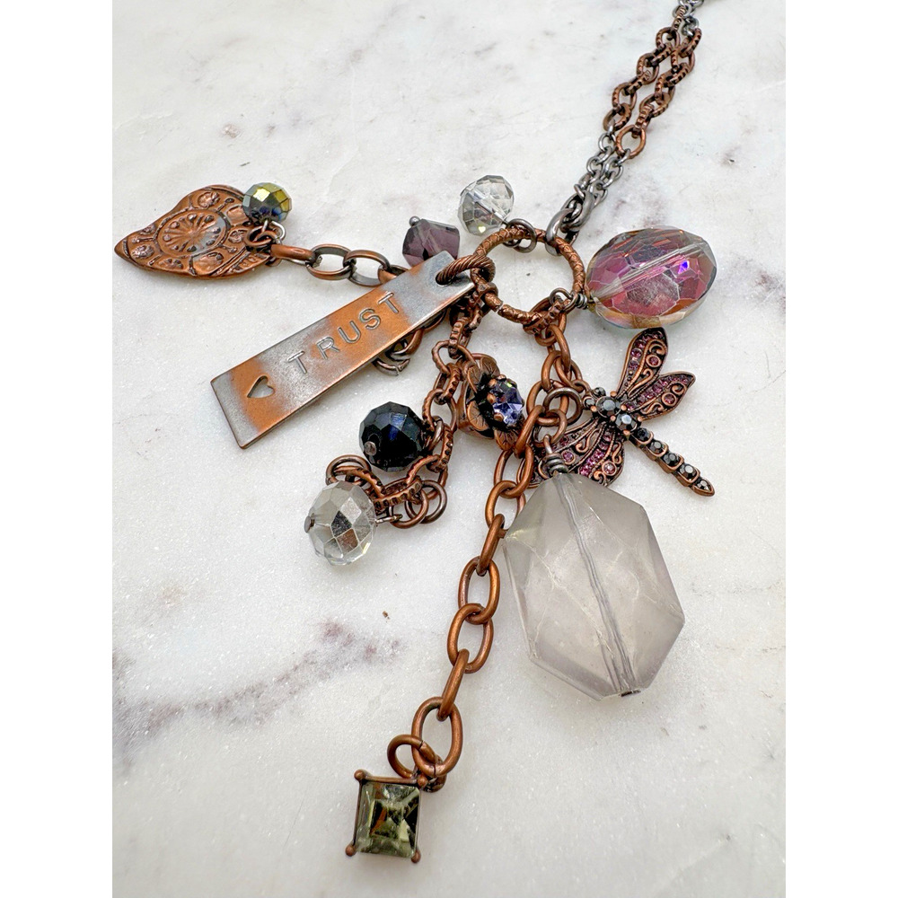 Mythologie necklace copper and silver tone chain Trust Heart Dragonfly charms